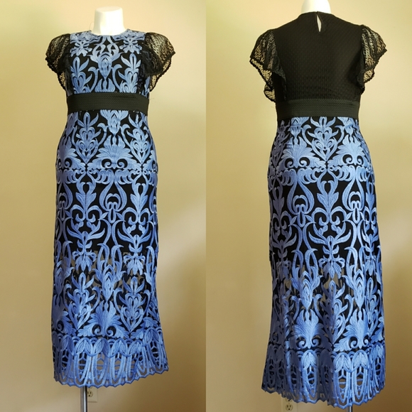 Foxiedox Rosabel Embroidered Midi Sheath Dress Blue Black Large NWT - Picture 2 of 11